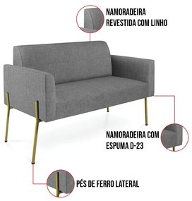 Sofá Namoradeira e 2 Poltronas Pé de Ferro Dourado Marisa Linho Grafite D03 - D'Rossi