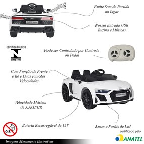 Carrinho Elétrico Infantil Motorizado Audi R8 Spyder com Controle Som 12V Branco G31 - Gran Belo