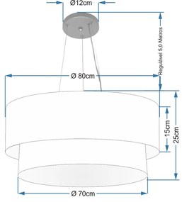 Lustre Pendente Duplo Cilíndrico Vivare Md-4171 Cúpula em Tecido 80x70cm - Bivolt