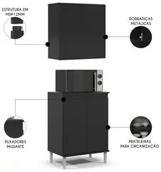 Armário de Cozinha Aéreo e Balcão com Tampo Italy Preto - EJ Móveis