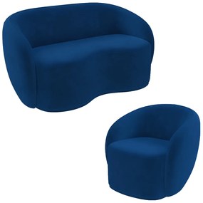 Conjunto 1 Sofá Living 180cm e 1 Poltrona Decorativa Sala de Estar Íbis Encosto Fixo Veludo Azul  Marinho G33 - Gran Belo