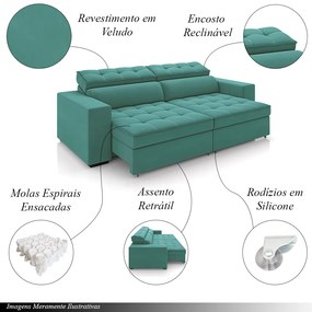 Sofá Decorativo Hugo 2 Lugares 300cm Reclinável e Retrátil Veludo Azul Turqueza G45 - Gran Belo