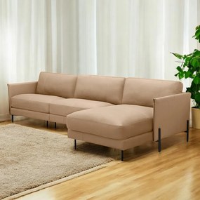 Sofá Decorativo Karine 6 Lugares Sala de estar 360cm com Chaise Pés em Aço Couro Nude G88 - Gran Belo