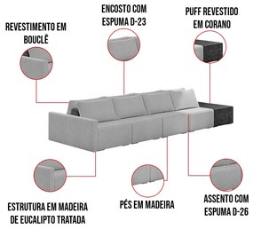 Sofá Ilha 4 Lugares Living 472cm Modulado Sala Lary Bouclê/PU Pto K01 - D'Rossi - Cinza claro