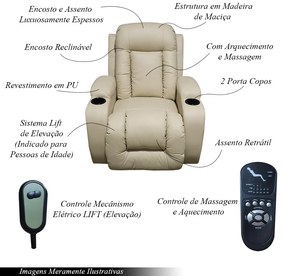 Poltrona do Papai com Massagem Aquecimento Austin Elevação Lift 150º PU Bege G31 - Gran Belo