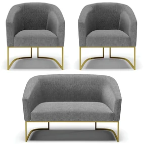Namoradeira e 2 Poltronas Base Industrial Dourado Stella Linho D03 - D'Rossi - A26 Grafite