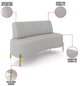 Sofá 2 Lugares Living 135cm Pé Ferro Dourado Maraú Linho K01 - D'Rossi - Cinza