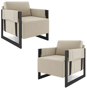 Kit 2 Poltronas Decorativa Sala de Estar Moria Base em Ferro Veludo Preto/Bege G33 - Gran Belo