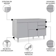 Balcão de Cozinha Para Pia 120cm 3 Portas Sem Tampo Michigan Cinza Cla