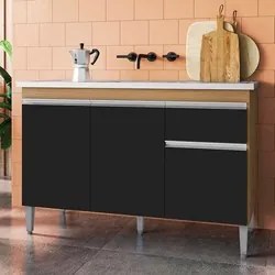 Balcão de Cozinha Com Pia Inox 120cm 1 Gaveta Tatiane Amêndoa/Preto -