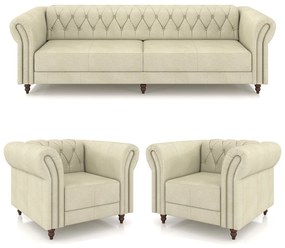 Conjunto Sala de Estar 1 Sofá Living 260cm e 2 Poltronas Stanford Chesterfield Pés Madeira Couro Off White G58 - Gran Belo