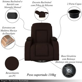 Poltrona do Papai Reclinável Giratória e Balanço Sala de Cinema Crihs Manual Glider PU Marrom G23 - Gran Belo