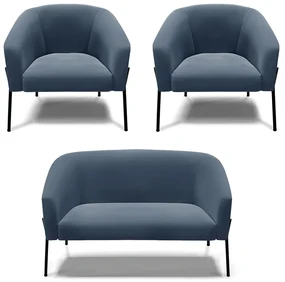 Namoradeira e 2 Poltronas Pé de Ferro Preto Stella Suede Azul Marinho D03 - D'Rossi