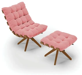 Poltrona com Puff Giratório Costela Suede Base de Madeira MA30 M11 - D'Rossi - Rose