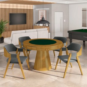Conjunto Mesa de Jogos Carteado Bellagio Tampo Reversível e 4 Cadeiras Madeira Poker Base Cone Veludo Cinza/Mel G42 - Gran Belo