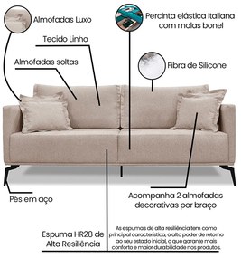 Sofá 3 Lugares Pé de Ferro Preto Rafaela 220 cm Linho S04 - D'Rossi - Areia