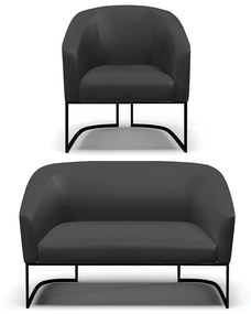Sofá Namoradeira e Poltrona Base Industrial Preto Stella Sintético Preto D03 - D'Rossi