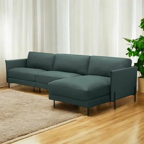 Sofá Decorativo Karine 6 Lugares Sala de estar 360cm com Chaise Pés em Aço Couro Verde Musgo G88 - Gran Belo