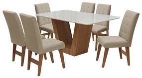 Conjunto Mesa de Jantar Safira com 06 Cadeiras Agata 160cm Cedro/Branco Off/Bege - ADJ DECOR