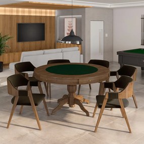 Conjunto Mesa de Jogos Carteado Bellagio Tampo Reversível e 6 Cadeiras Madeira Poker Base Estrela Veludo Marrom/Nogueira G42 - Gran Belo