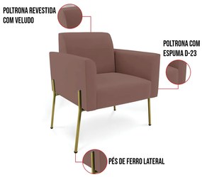 Poltrona Pé de Ferro Dourado para Recepção Marisa Veludo D03 - D'Rossi - Rose