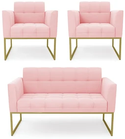 Kit 1 Sofá Namoradeira e 2 Poltronas Elisa Suede Base Metálica Industrial Dourado - D'Rossi - Rosa Bebê