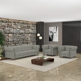 Conjunto Sala de Estar 1 Sofá Living 220cm e 2 Poltronas Stanford Chesterfield Pés Madeira Couro Cinza G58 - Gran Belo