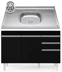 Balcão Gabinete com Pia Inox 120cm Michigan Preto - Lumil