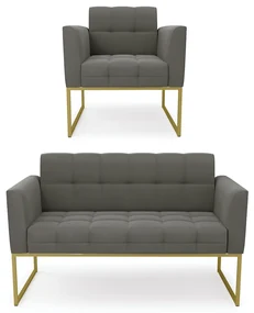 Kit 1 Sofá Namoradeira e 1 Poltrona Elisa Suede Grafite Base Metálica Industrial Dourado - D'Rossi