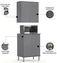 Armário de Cozinha Aéreo e Balcão com Tampo Italy Cinza - EJ Móveis