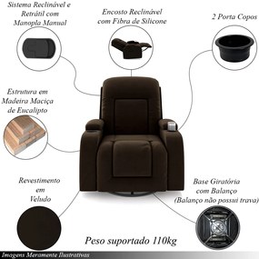 Poltrona do Papai Reclinável Giratória e Balanço Sala de Cinema Crihs Manual Glider Veludo Marrom G23 - Gran Belo