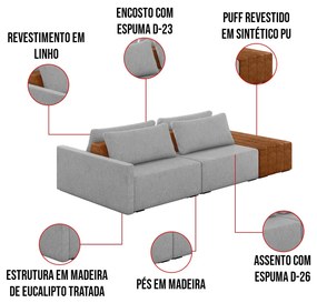 Sofá Ilha 2 Lugares Living 292cm Modulado para Sala Lary Linho Cinza K01 - D'Rossi