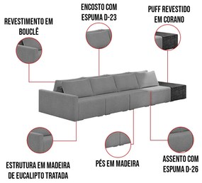 Sofá Ilha 4 Lugares Living 392cm Modulado Sala Lary Bouclê Cinza/PU Pto K01 - D'Rossi