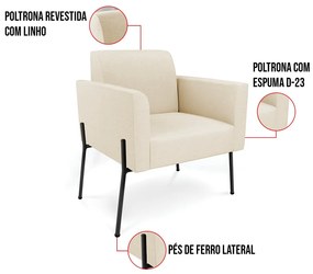 Poltrona Pé de Ferro Preto Kit 2 Decorativa Marisa Linho D03 - D'Rossi - Bege