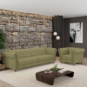 Conjunto Sala de Estar 1 Sofá Living 200cm e 1 Poltrona Stanford Chesterfield Pés Madeira Couro Fendi G58 - Gran Belo