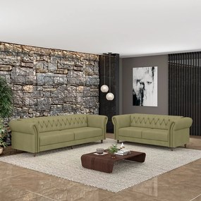 Conjunto de Sofá Sala de Estar Stanford Chesterfield 2 e 3 Lugares 180cm/240cm Pés Madeira Couro Fendi G58 - Gran Belo