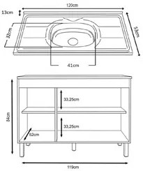 Balcão Gabinete Com Pia 120cm 3 Portas Karen P14 Nature/Preto Fosco -