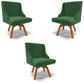 Kit 3 Cadeiras Decorativas Sala de Jantar Base Giratória de Madeira Firenze Veludo Verde/Natural G19 - Gran Belo