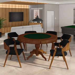 Conjunto Mesa de Jogos Carteado Bellagio Tampo Reversível e 6 Cadeiras Madeira Poker Base Estrela Veludo Preto/Imbuia G42 - Gran Belo