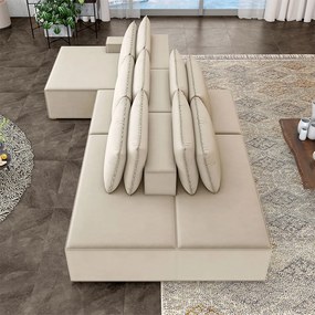 Sofá Ilha com Encosto e Almofadas Delta 355cm Modulado Chaise e Puffs Veludo Bege G52 - Gran Belo