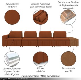 Sofá Ilha com Encosto e Almofadas Móveis Olimpo 425cm Modulado Linho/PU Terracota/Caramelo G45 - Gran Belo