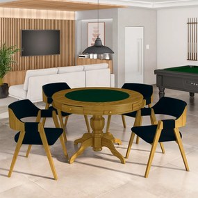 Conjunto Mesa de Jogos Carteado Bellagio Tampo Reversível e 4 Cadeiras Madeira Poker Base Estrela Veludo Azul Marinho/Mel G42 - Gran Belo