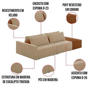 Sofá Ilha 2 Lugares Living 232cm Modulado para Sala Lary Veludo K01 - D'Rossi - Bege