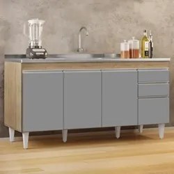 Balcão Gabinete com Pia Inox 160cm Arkansas Castanho/Cinza  Lumil