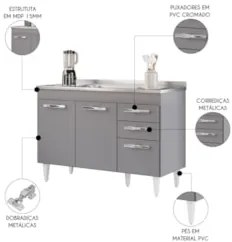 Balcão Gabinete com Pia Inox 120cm 3 Portas 2 Gavetas Suécia Cinza - L