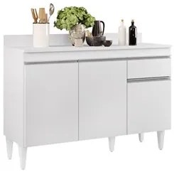 Balcão Gabinete 120cm Com Tampo 3 Portas 1 Gaveta Arizona Branco - Lum