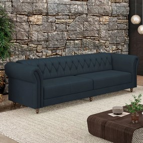 Sofá Living Sala de Estar Stanford Chesterfield 3 Lugares 240cm Pés de Madeira Couro Azul Marinho G58 - Gran Belo