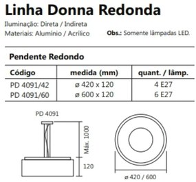 Pendente Donna Ø60X11Cm 6Xe27 / Metal E Acrilico | Usina 4091/60 (GF-M Grafite Metálico)