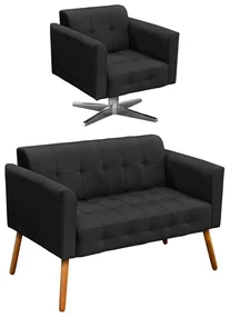 Kit 01 Namoradeira e 01 Poltrona GiratĂłria Elisa Suede Base Estrela Cromada D'Rossi - Preto