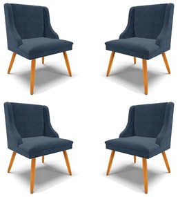 Kit 4 Cadeiras Decorativas Sala de Jantar Pés Palito de Madeira Firenze Suede Azul Marinho/Natural G19 - Gran Belo
